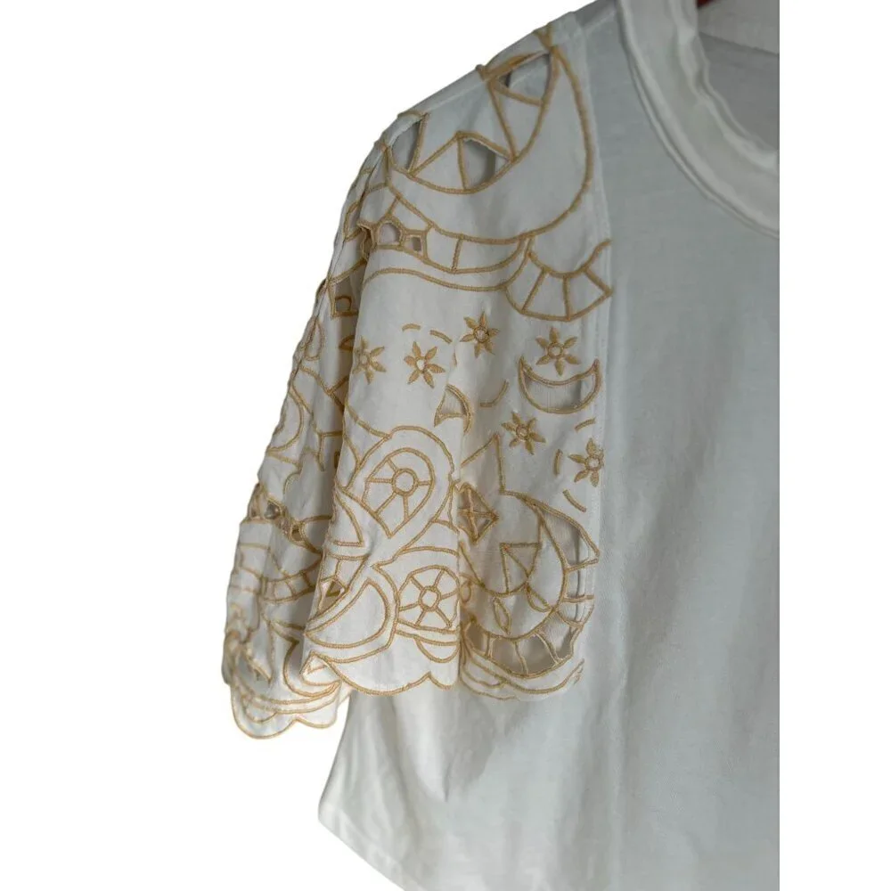 Free People Angel Embroidered Flutter Sleeve Cotton T-Shirt White - XS - Picture 6 of 12